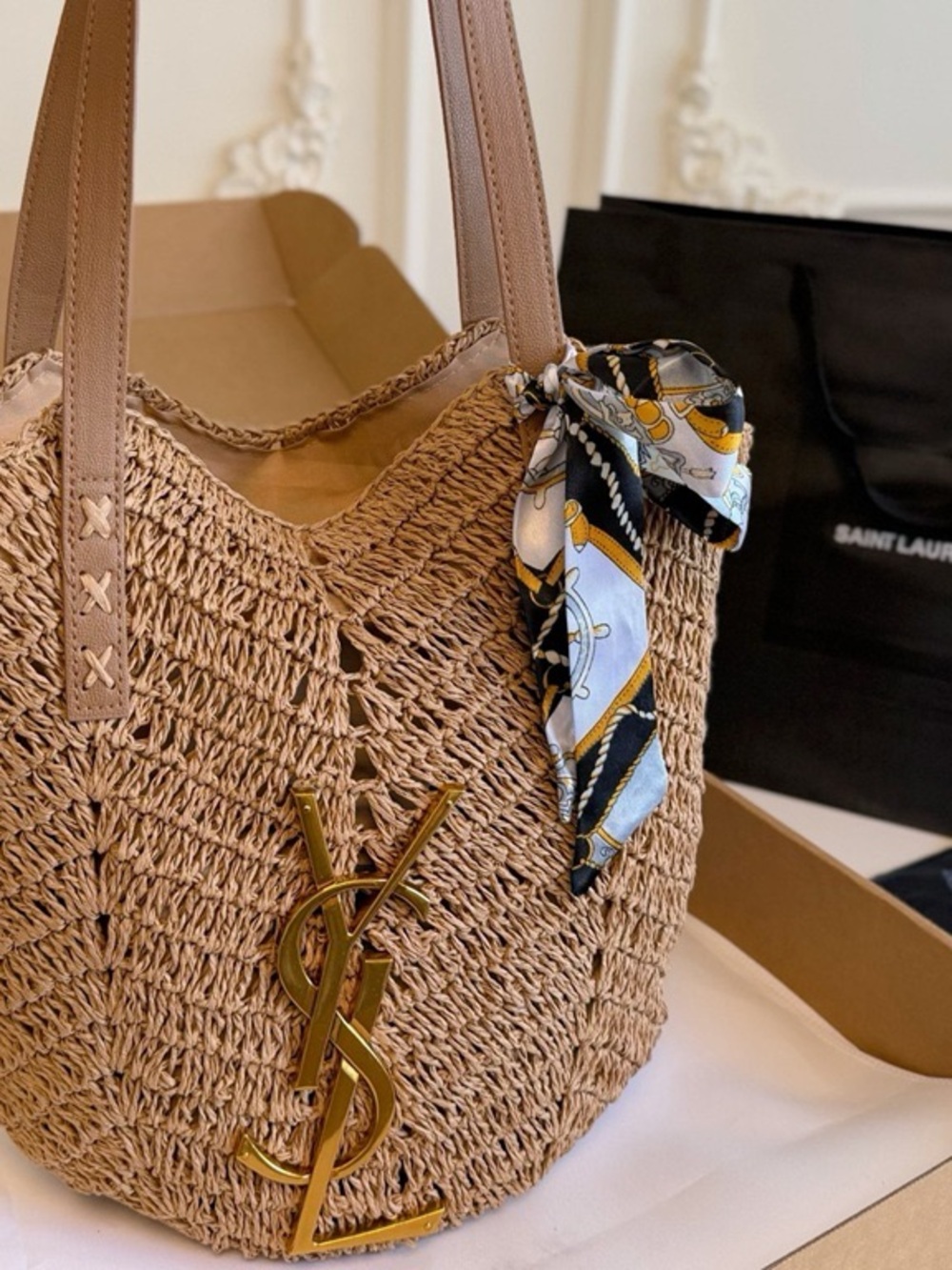 Saint Laurent Tan Woven Tote with Gold Logo and Scarf Accent